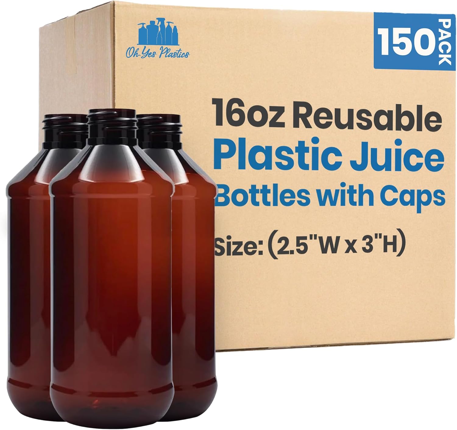 Reusable Juice Bottles with Caps - Juice Containers Plastic Bottles with Lids for Water, Smoothies, Lemonades, Sodas, Coffees, Cold Press, Juices - 150 Packs, 16oz Drinking Bottle