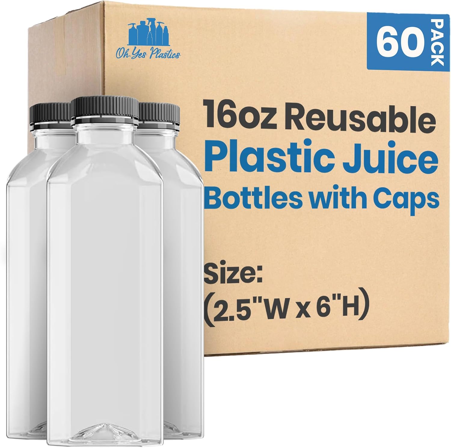 Reusable Juice Bottles with Caps - BPA Free Juice Containers Plastic Bottles with Lids for Water, Smoothies, Lemonades, Sodas, Coffees, Juices - 60 Packs, 16oz Drinking Bottle