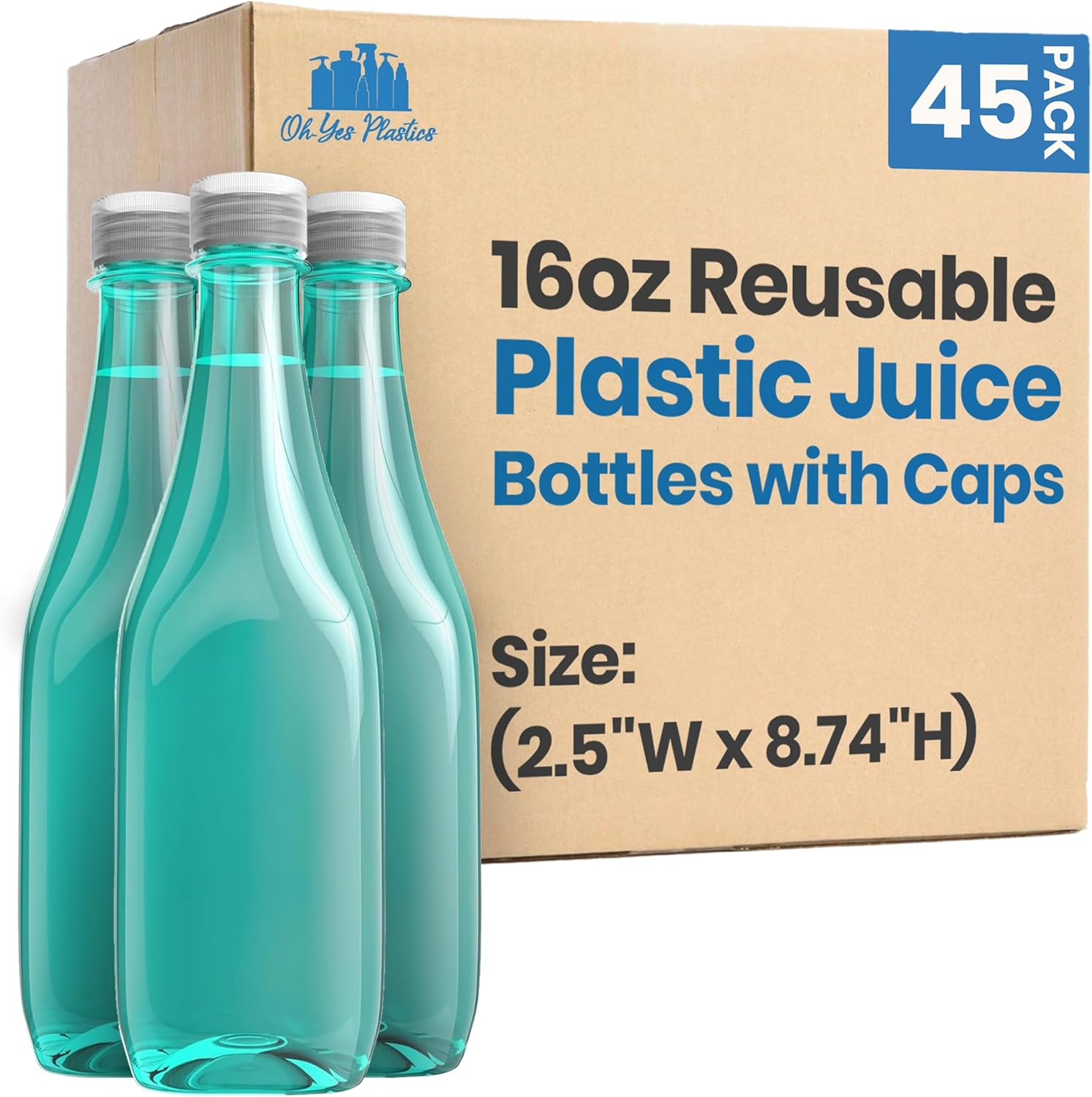 Reusable Juice Bottles with Caps - BPA Free Juice Containers Plastic Bottles with Lids for Water, Smoothies, Lemonades, Sodas, Coffees, Juices - 45 Packs, 16oz Drinking Bottle